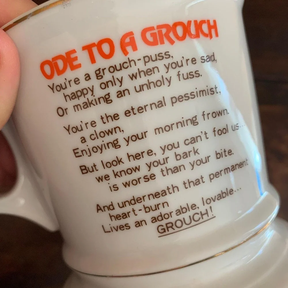Vintage Ode to a Grouch gold accent poem men's vanity shaving cup mug & brush‎